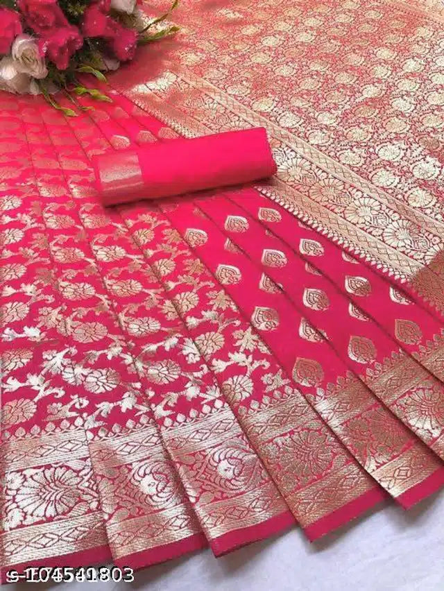 Banarasi Silk Saree With Blouse For Women (Purple, Pink, Yellow, Red)