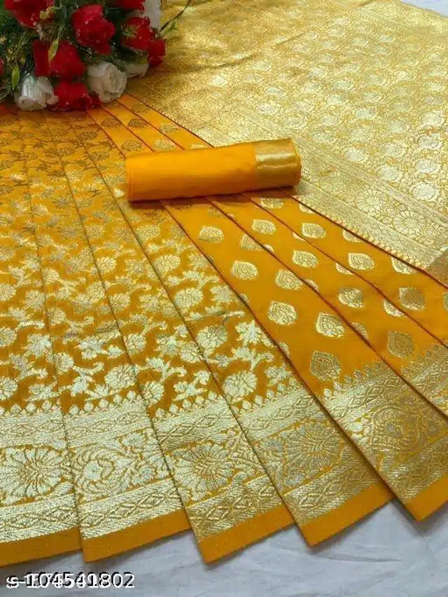 Banarasi Silk Saree With Blouse For Women (Purple, Pink, Yellow, Red)