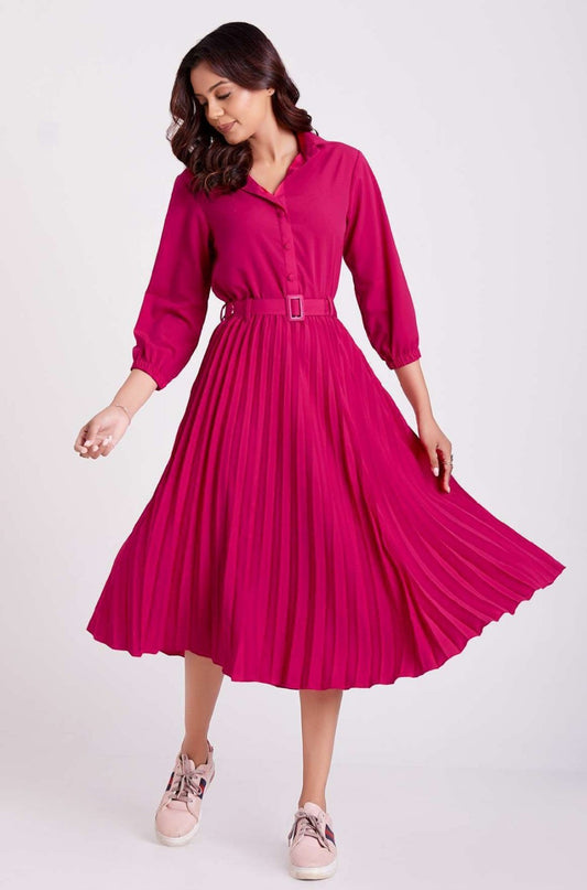 Milano Pink Pleated Shirt Dress For Women