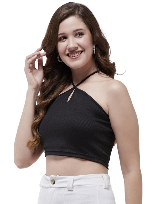 Solid Halter Neck Rib Crop Top For Women's