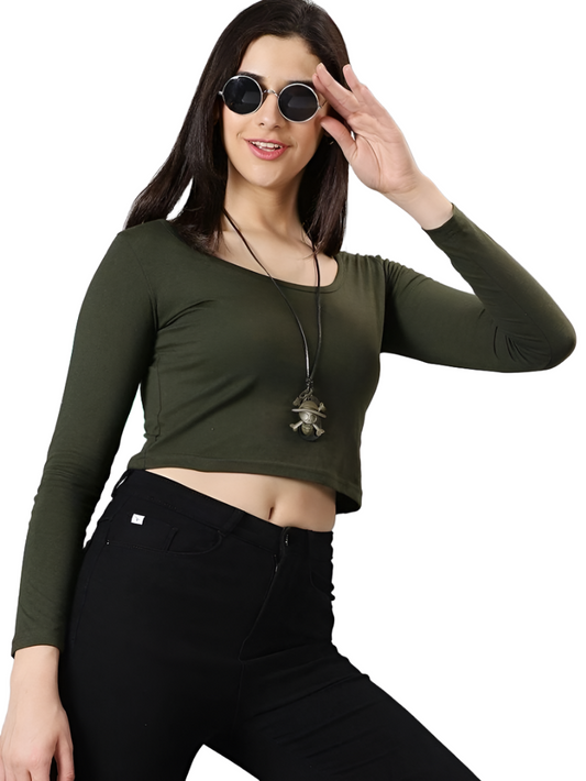 AUSK Women's Solid Scoop Neck Full Sleeve Crop Top