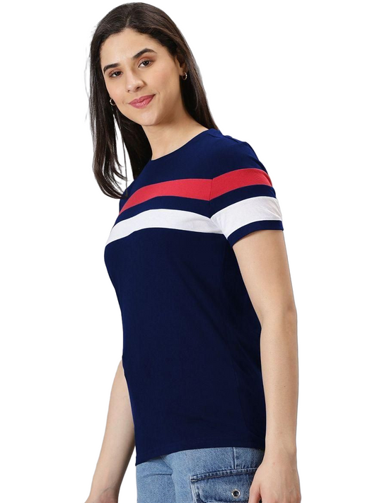 AUSK Women's Colorblocked Round Neck Half Sleeve Casual T-Shirt