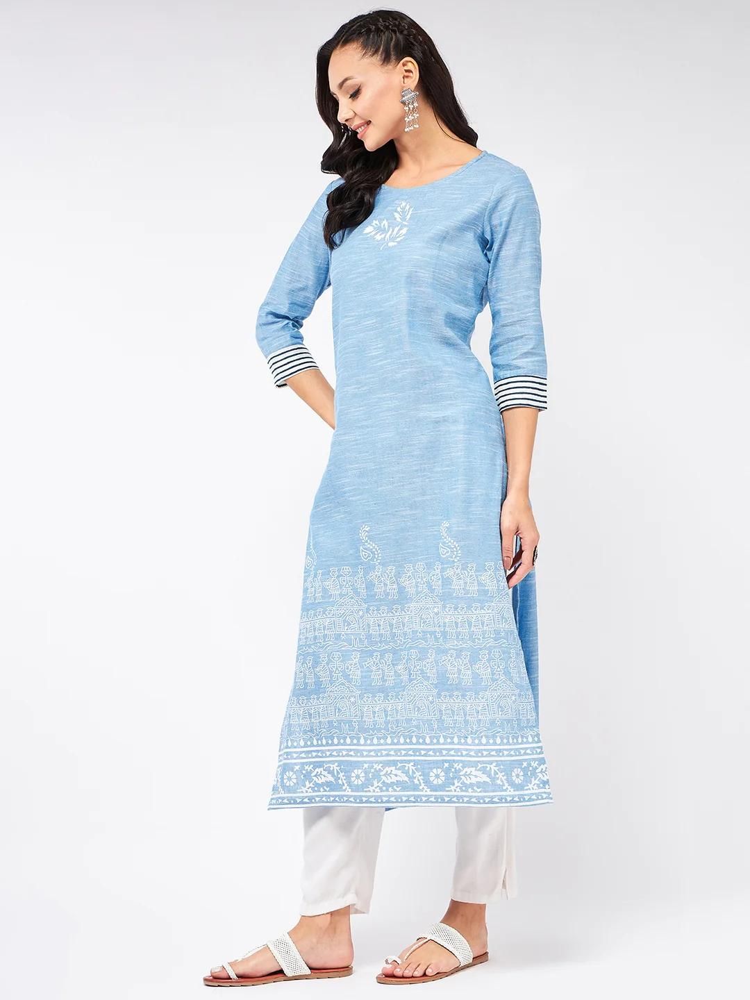 PANNKH Madhubani Block Printed Chambray Blue Kurta