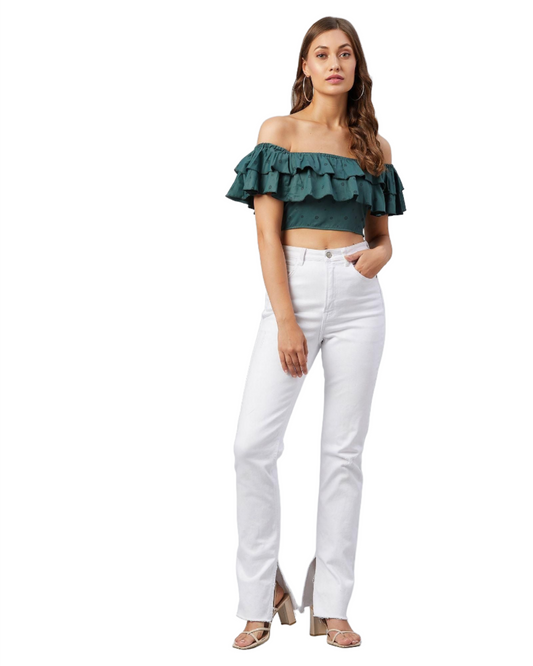 Women's Green Doted Ruffled Crop Top