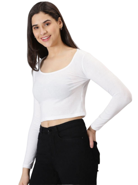 AUSK Women's Solid Scoop Neck Full Sleeve Crop Top