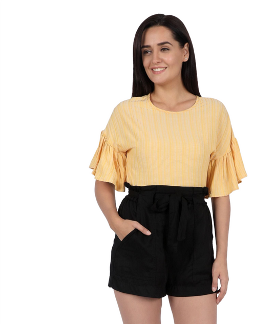 Flared Sleeve Striped Women's Yellow Top