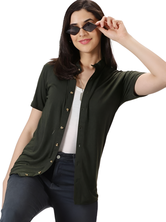 Gespo Women's Dark Green Solid Mandarin Collar Half Sleeve Casual Shirt