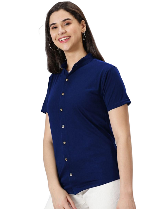 Gespo Women's Navy Blue Solid Mandarin Collar Half Sleeve Casual Shirt