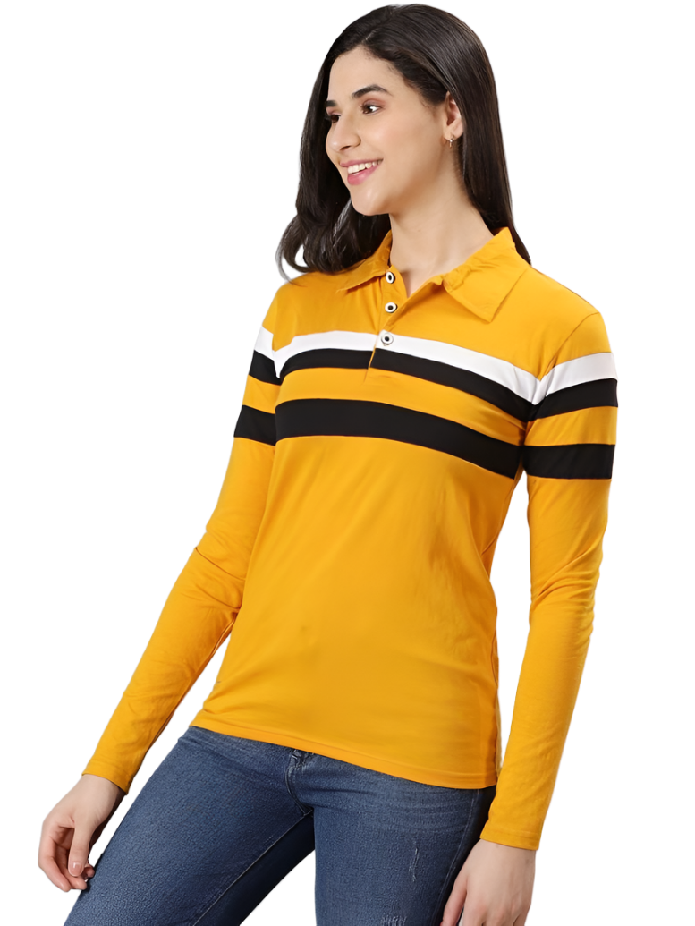 AUSK Women's Striped Polo Neck Full Sleeve Polo T-Shirt