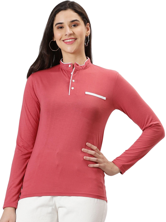 AUSK Women's Solid Mandarin Collar Full Sleeve Casual T-Shirt