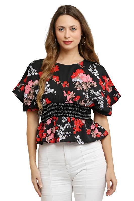 Women's Polyester Cinched Lace Waist Printed Top