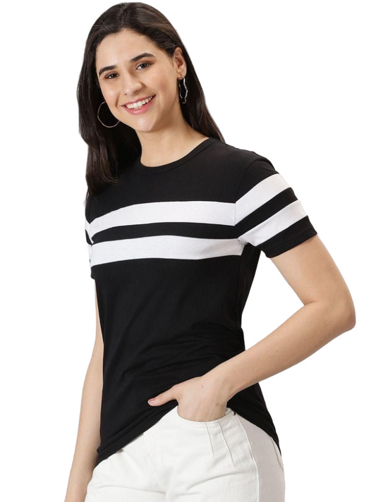 AUSK Women's Colorblocked Round Neck Half Sleeve Casual T-Shirt