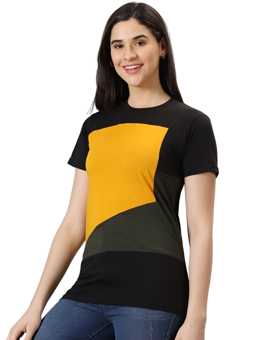 AUSK Women's Dark Colorblocked Round Neck Half Sleeve Casual T-Shirt