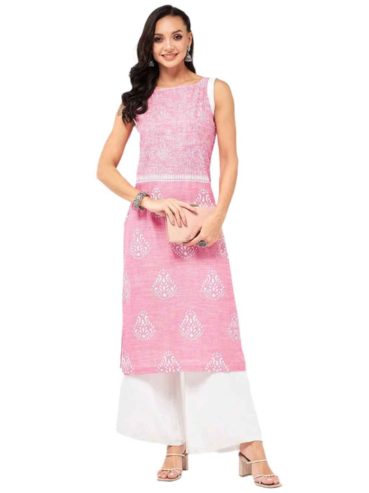 PANNKH Sleeveless Printed Chambray Pink Kurta