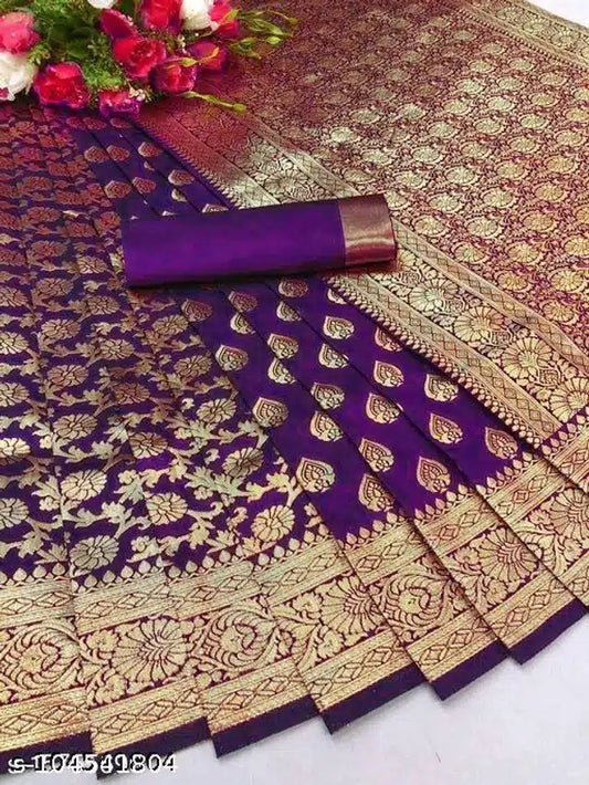 Banarasi Silk Saree With Blouse For Women (Purple, Pink, Yellow, Red)