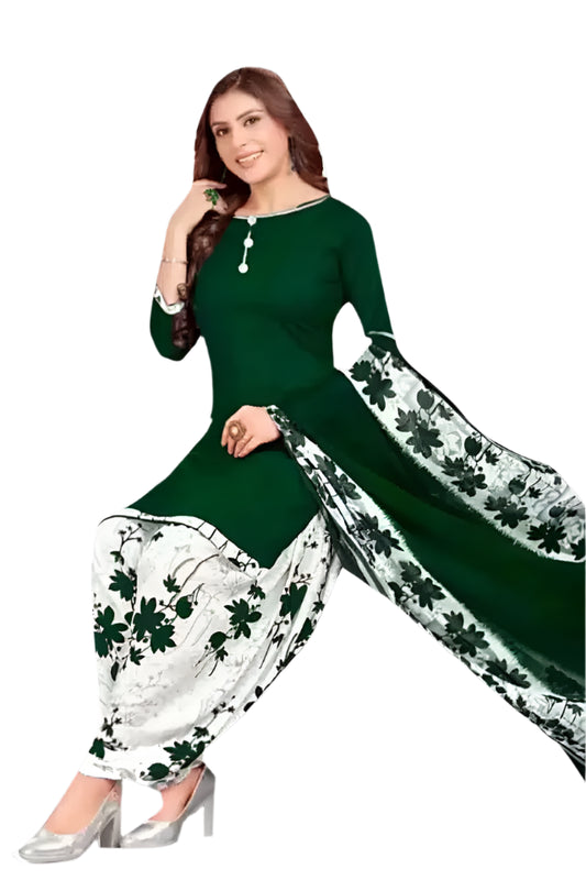 Crepe Printed Dress Material for Women & Girls (White & Green)