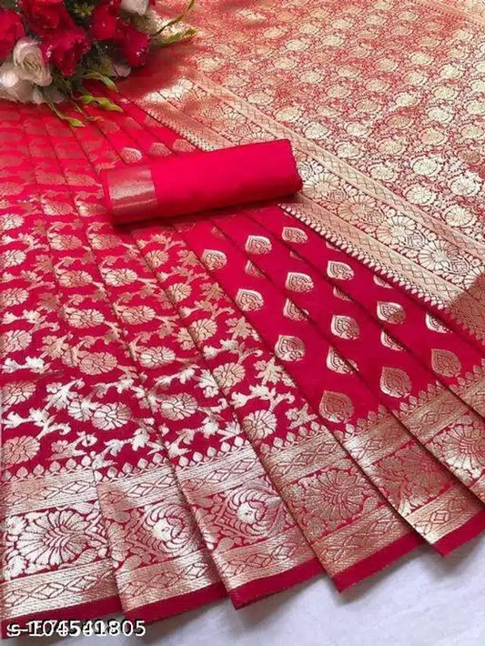 Banarasi Silk Saree With Blouse For Women (Purple, Pink, Yellow, Red)