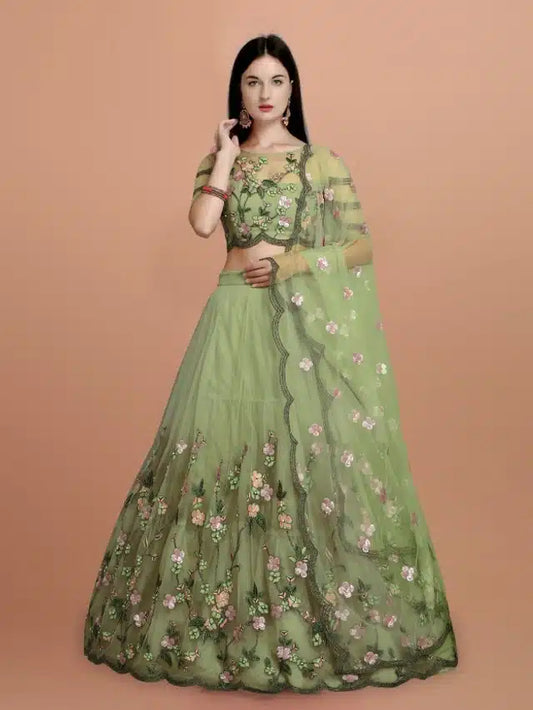 Net Embroidered Semi Stitched Green Lehenga Choli for Women