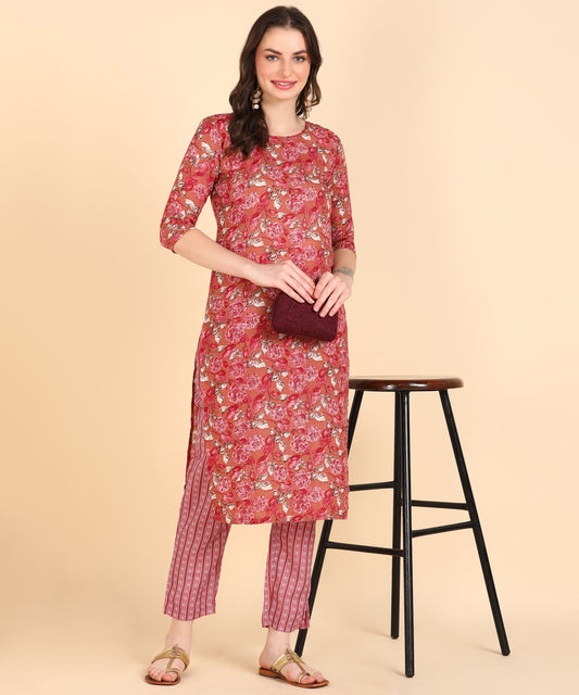 Women's Cotton Printed Straight Kurti With Pant Set