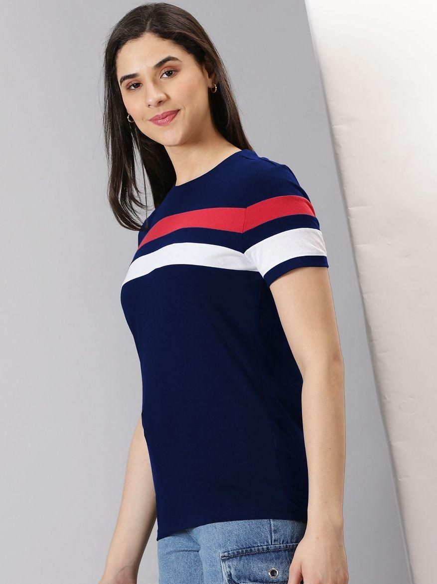 AUSK Women's Colorblocked Round Neck Half Sleeve Casual T-Shirt