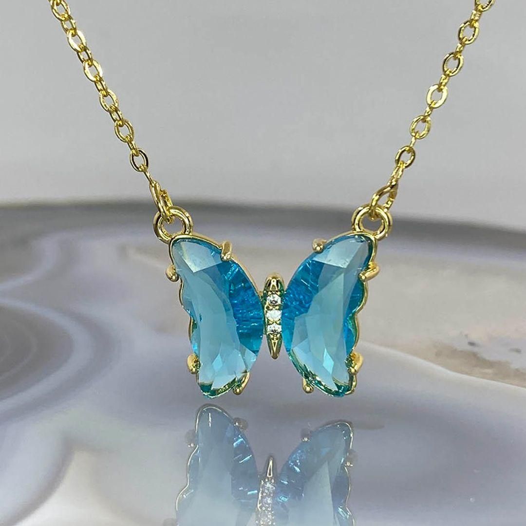 AVR Jewels pretty blue crystal butterfly pendant necklace for women and Girls