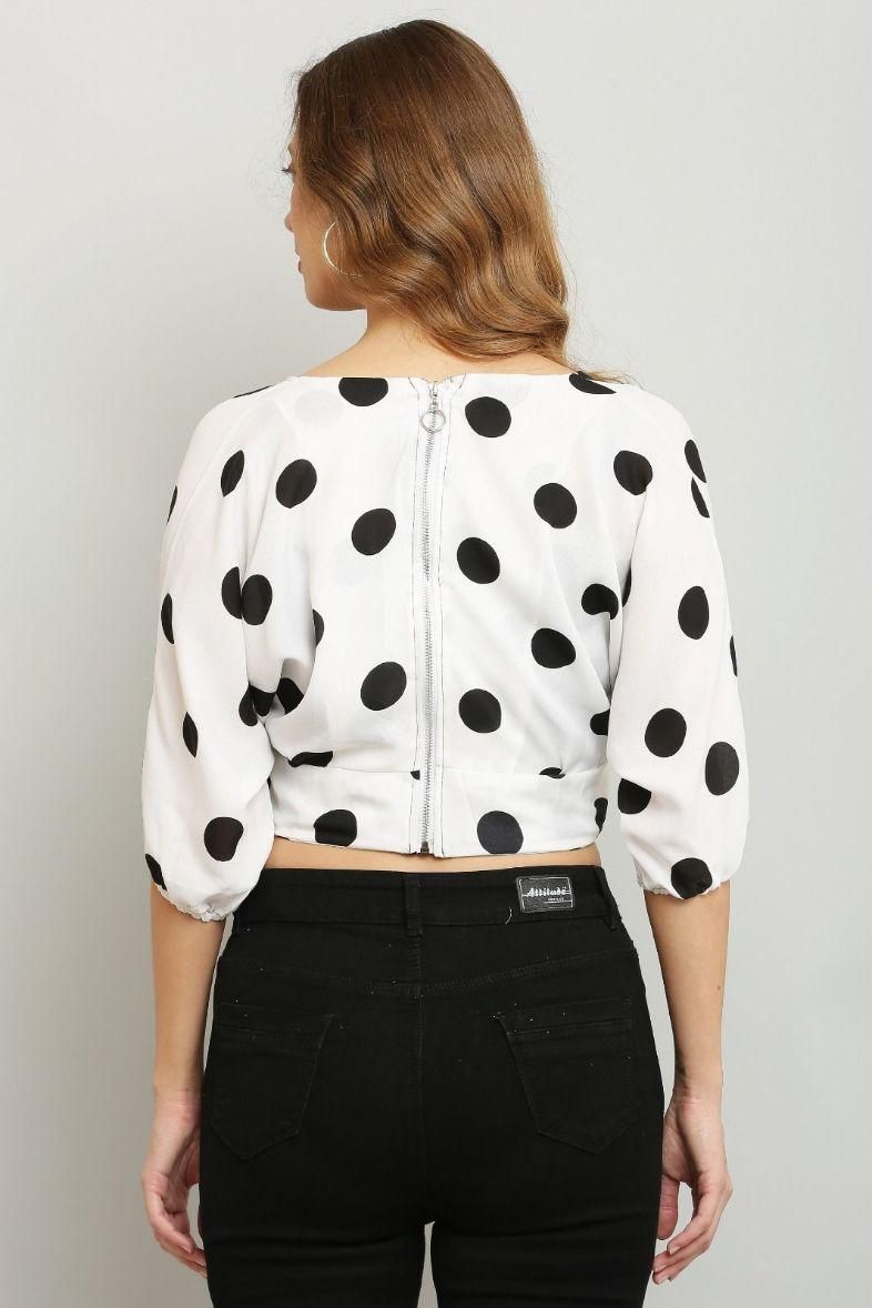 Women's Polyester Colorblock Dot Print Crop Top