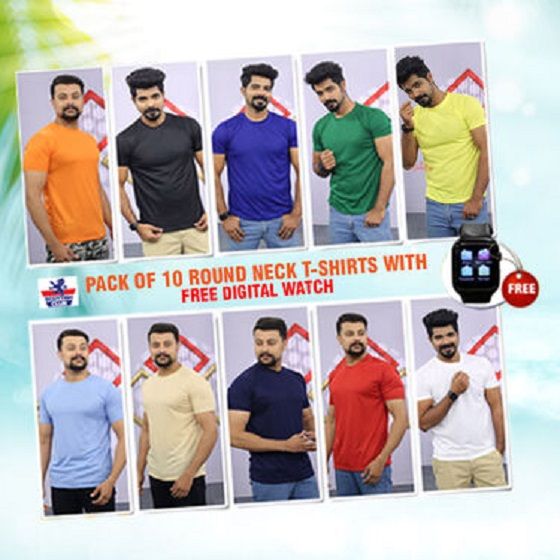 Fidato Pack of 10 Half Sleeves Round Neck T-shirts with Free Digital Watch