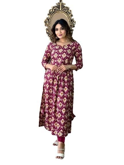 Women Block Print Cotton Rayon Asymmetric Kurta (Maroon)