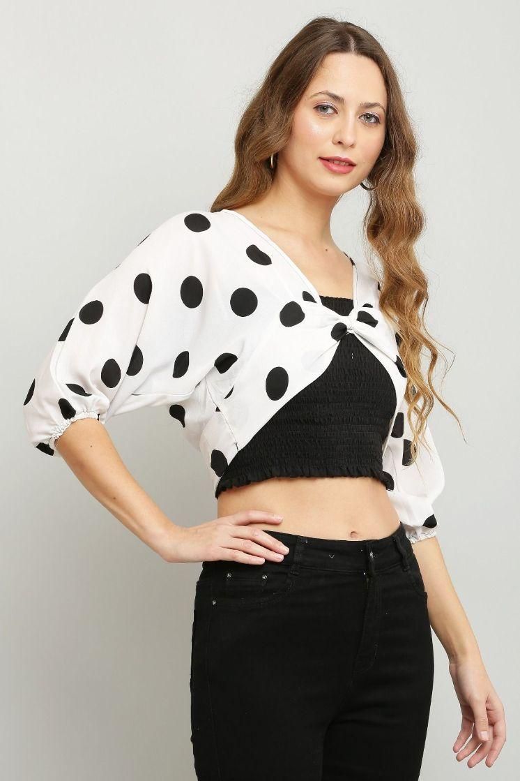 Women's Polyester Colorblock Dot Print Crop Top