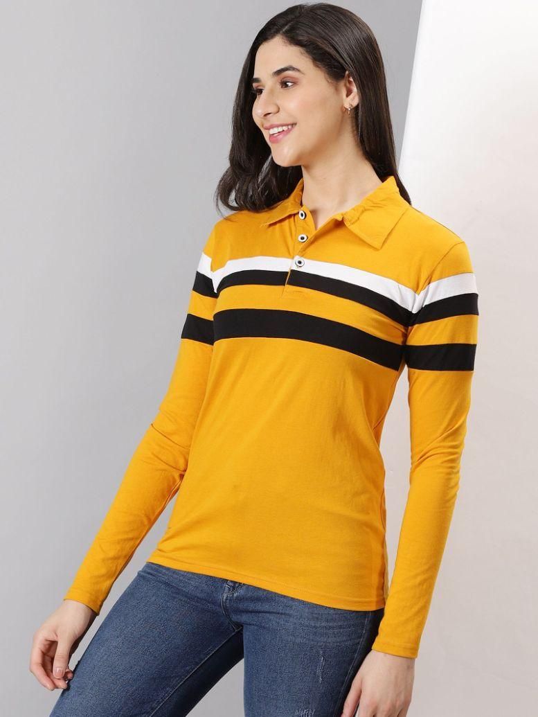 AUSK Women's Striped Polo Neck Full Sleeve Polo T-Shirt