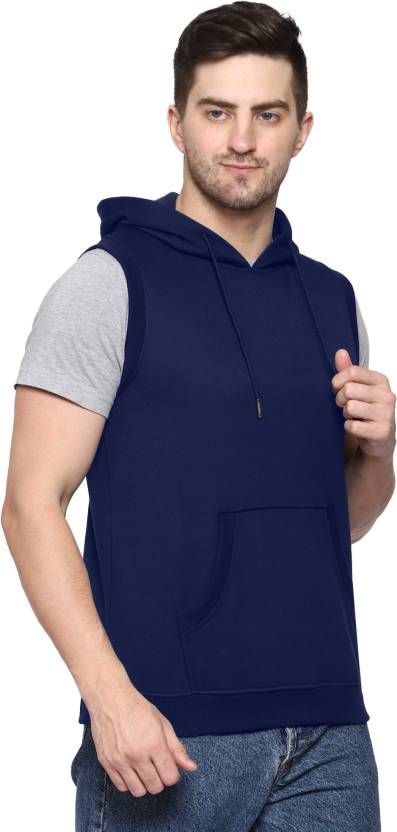 Men Sleeveless Solid Hooded Sweatshirt