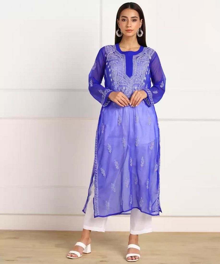 Women Lucknowi Handmade  Straight Georgette Kurta