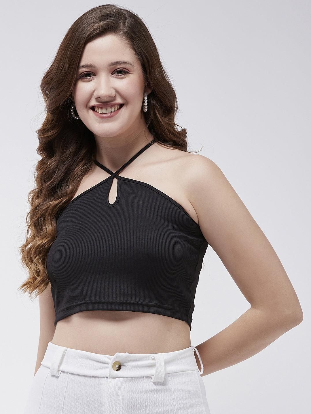 Solid Halter Neck Rib Crop Top For Women's