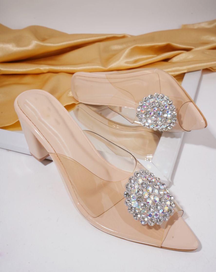 Transparent Block Heel Stone Studded Sandal For Women's