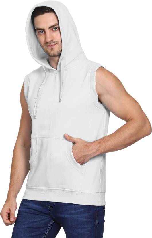 Men Sleeveless Solid Hooded Sweatshirt - Shopperscult