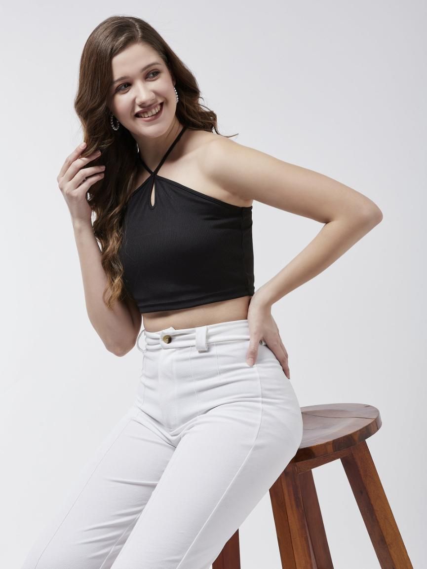 Solid Halter Neck Rib Crop Top For Women's